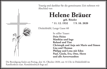 Traueranzeige von Helene Bräuer von Dinkelsbühl/ Feuchtwangen