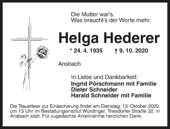 Traueranzeige von Helga Hederer von Ansbach