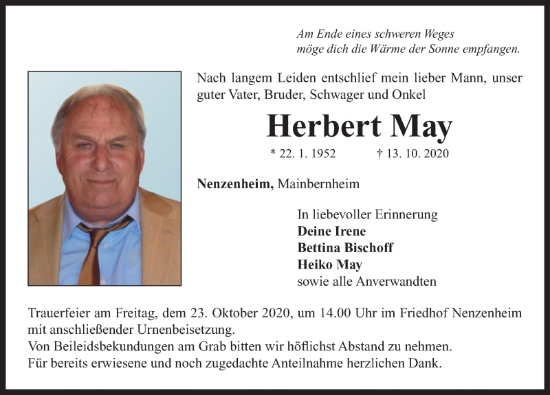  Traueranzeige für Herbert May vom 17.10.2020 aus Neustadt/ Scheinfeld/ Uffenheim