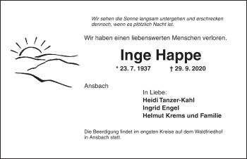 Traueranzeige von Inge Happe von Ansbach