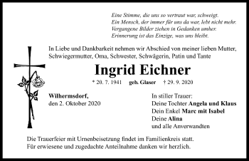 Traueranzeige von Ingrid Eichner von Neustadt/ Scheinfeld/ Uffenheim