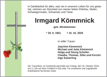 Traueranzeige von Irmgard Kömmnick von Ansbach