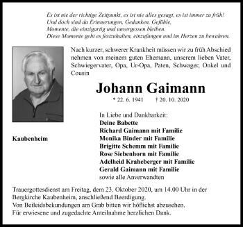 Traueranzeige von Johann Gaimann von Neustadt/ Scheinfeld/ Uffenheim