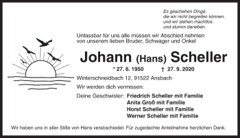 Traueranzeige von Johann Scheller von Ansbach