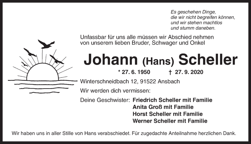  Traueranzeige für Johann Scheller vom 02.10.2020 aus Ansbach