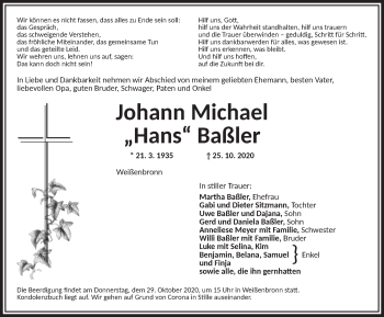 Traueranzeige von Johann Michael Baßler von Ansbach