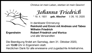 Traueranzeige von Johanna Friedrich von Neustadt/ Scheinfeld/ Uffenheim