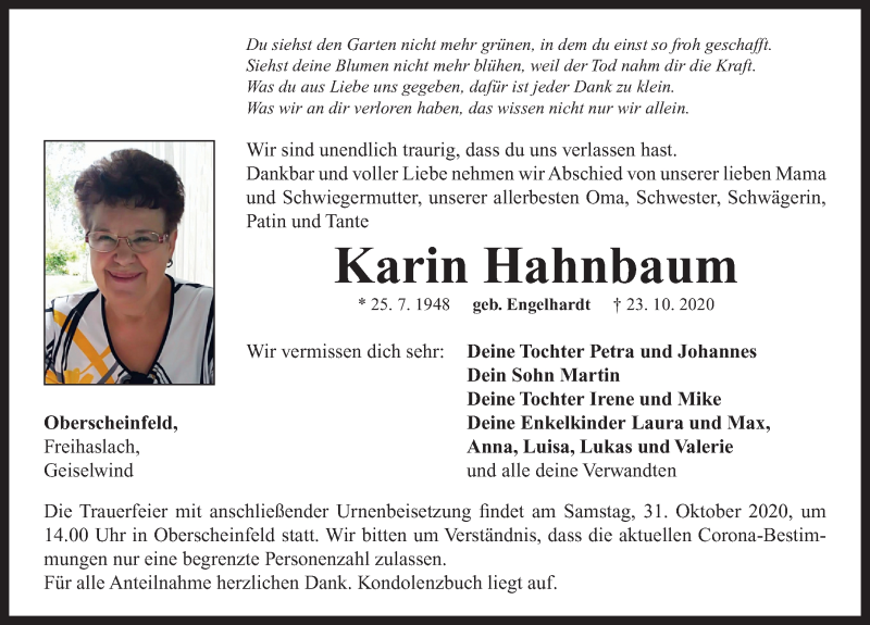  Traueranzeige für Karin Hahnbaum vom 29.10.2020 aus Neustadt/ Scheinfeld/ Uffenheim