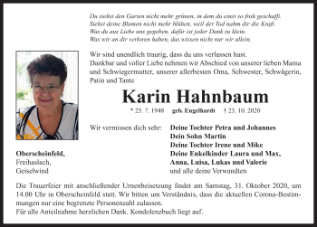 Traueranzeige von Karin Hahnbaum von Neustadt/ Scheinfeld/ Uffenheim