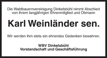 Traueranzeige von Karl Weinländer von Dinkelsbühl/ Feuchtwangen