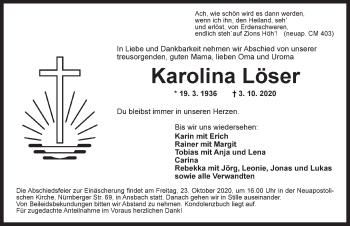 Traueranzeige von Karolina Löser von Ansbach