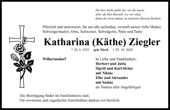 Traueranzeige von Katharina  Ziegler von Neustadt/ Scheinfeld/ Uffenheim