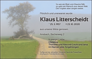 Traueranzeige von Klaus Litterscheidt von Ansbach