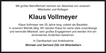 Traueranzeige von Klaus Vollmeyer von Dinkelsbühl/ Feuchtwangen