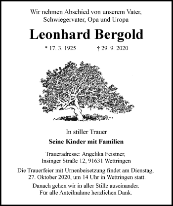 Traueranzeige von Leonhard Bergold von Rothenburg
