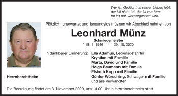 Traueranzeige von Leonhard Münz von Neustadt/ Scheinfeld/ Uffenheim