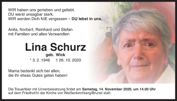 Traueranzeige von Lina Schurz von Ansbach