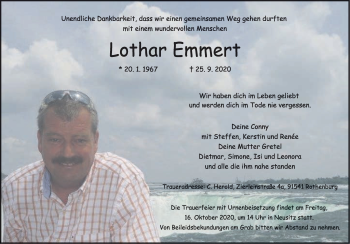 Traueranzeige von Lothar Emmert von Rothenburg