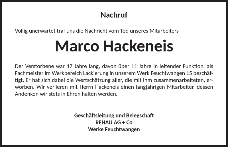  Traueranzeige für Marco HAckeneis vom 01.10.2020 aus Dinkelsbühl/ Feuchtwangen
