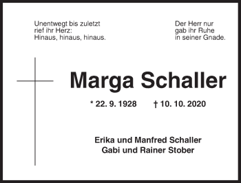 Traueranzeige von Marga Schaller von Ansbach