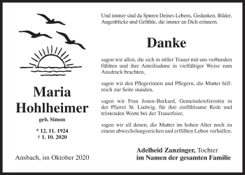 Traueranzeige von Maria Hohlheimer von Ansbach
