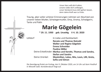 Traueranzeige von Marie Gögelein von Ansbach