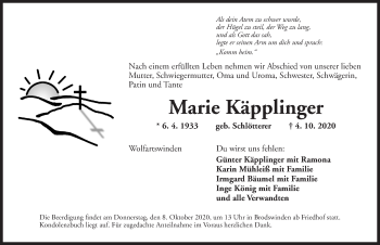 Traueranzeige von Marie Käpplinger von Ansbach