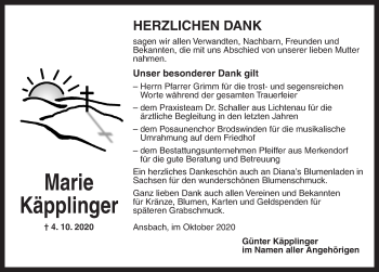 Traueranzeige von Marie Käpplinger von Ansbach