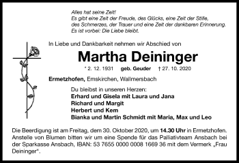 Traueranzeige von Martha Deininger von Neustadt/ Scheinfeld/ Uffenheim