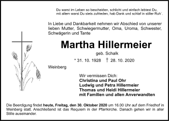 Traueranzeige von Martha Hillermeier von Ansbach