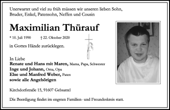 Traueranzeige von Maximilian Thürauf von Rothenburg