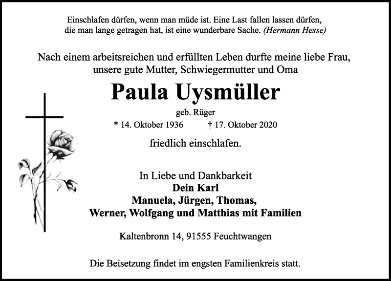  Traueranzeige für Paula Uysmüller vom 21.10.2020 aus Dinkelsbühl/ Feuchtwangen