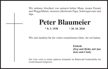 Traueranzeige von Peter Blaumeier von Ansbach