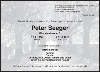 Traueranzeige von Peter Seeger von Ansbach