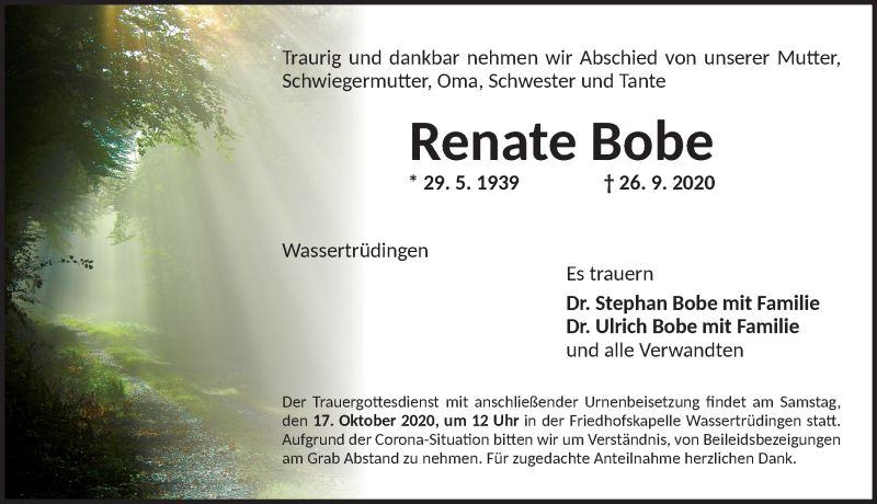 Traueranzeige für Renate Bobe vom 10.10.2020 aus Dinkelsbühl/ Feuchtwangen