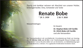 Traueranzeige von Renate Bobe von Dinkelsbühl/ Feuchtwangen