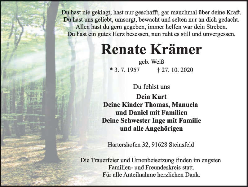  Traueranzeige für Renate Krämer vom 29.10.2020 aus Rothenburg