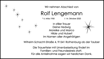 Traueranzeige von Rolf Lengemann von Rothenburg