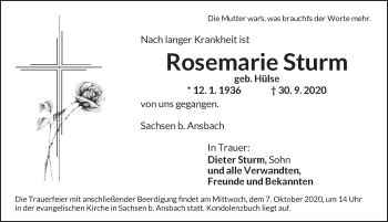 Traueranzeige von Rosemarie Sturm von Ansbach