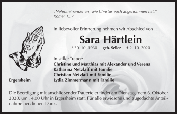 Traueranzeige von Sara Härtlein von Neustadt/ Scheinfeld/ Uffenheim