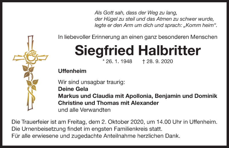  Traueranzeige für Siegfried Halbritter vom 01.10.2020 aus Neustadt/ Scheinfeld/ Uffenheim