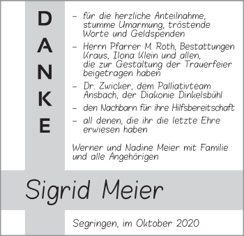 Traueranzeige von Sigrid Meier von Dinkelsbühl/ Feuchtwangen