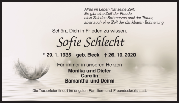 Traueranzeige von Sofie Schlecht von Ansbach