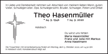 Traueranzeige von Theo Hasenmüller von Dinkelsbühl/ Feuchtwangen