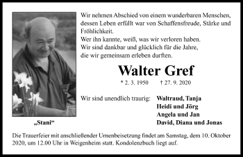 Traueranzeige von Walter Gref von Neustadt/ Scheinfeld/ Uffenheim