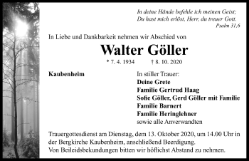 Traueranzeige von Walter Göller von Neustadt/ Scheinfeld/ Uffenheim