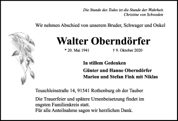 Traueranzeige von Walter Oberndörfer von Rothenburg