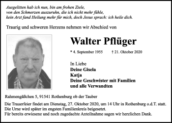Traueranzeige von Walter Pflüger von Rothenburg