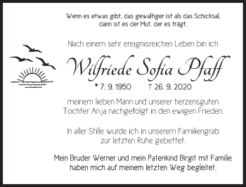 Traueranzeige von Wilfriede Sofia Pfaff von Ansbach