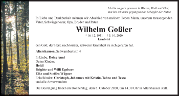 Traueranzeige von Wilhelm Goßler von Neustadt/ Scheinfeld/ Uffenheim